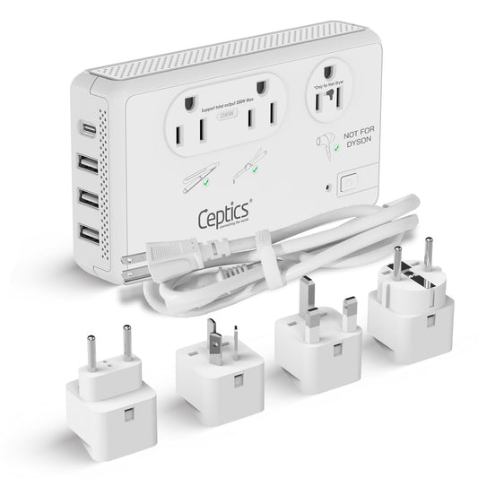 Ceptics 220V to 110V Voltage Converter – 2000W Travel Power Converter with Type C/E/F/G/I Plugs, 4 USB & 18W USB-C PD Fast Charge