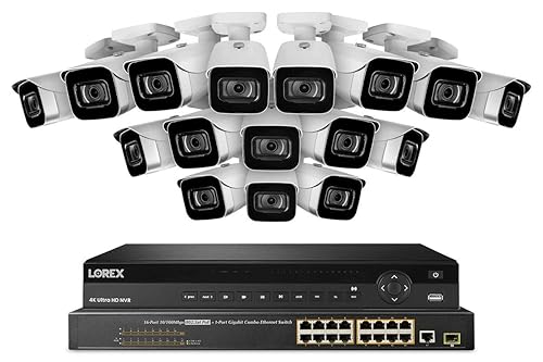 Lorex NC4K8-3216WB 32 Channel 4K Surveillance System with N882A38B 8TB 4K Fusion NVR, 16 Port ACCLPS263B POE Switch and 16 E841CA-E 8MP White Bullet