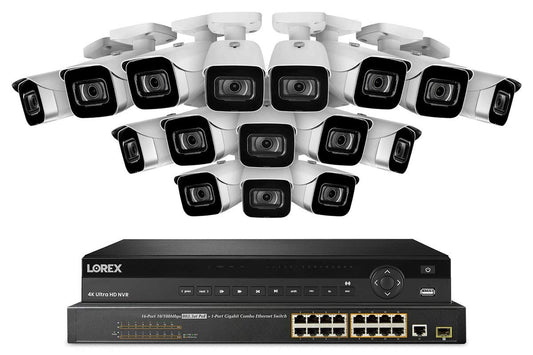 Lorex NC4K8-3216WB 32 Channel 4K Surveillance System with N882A38B 8TB 4K Fusion NVR, 16 Port ACCLPS263B POE Switch and 16 E841CA-E 8MP White Bullet