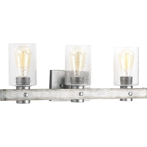 Progress Lighting Gulliver Collection 3-Light Clear Seeded Glass Coastal Bath Vanity Light Galvanized