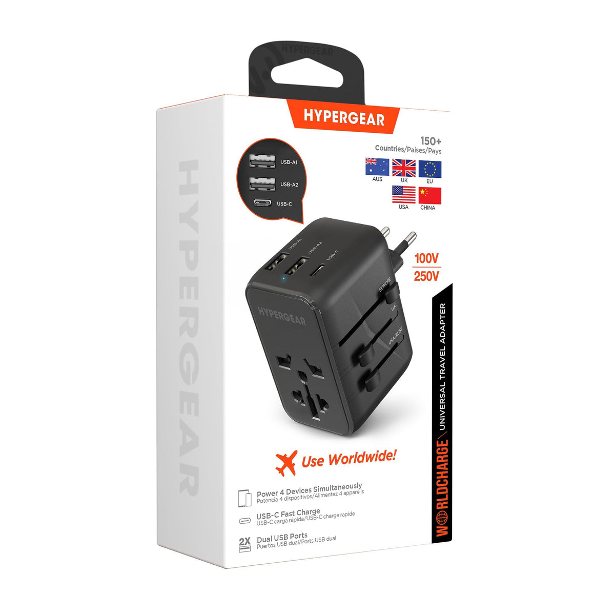 Universal International Travel Power Adapter with USB-C Portable & Compact Converter [US, AUS, EU, UK outlets] Adapter + Type-C Fast Charge + Dual USB (Black)