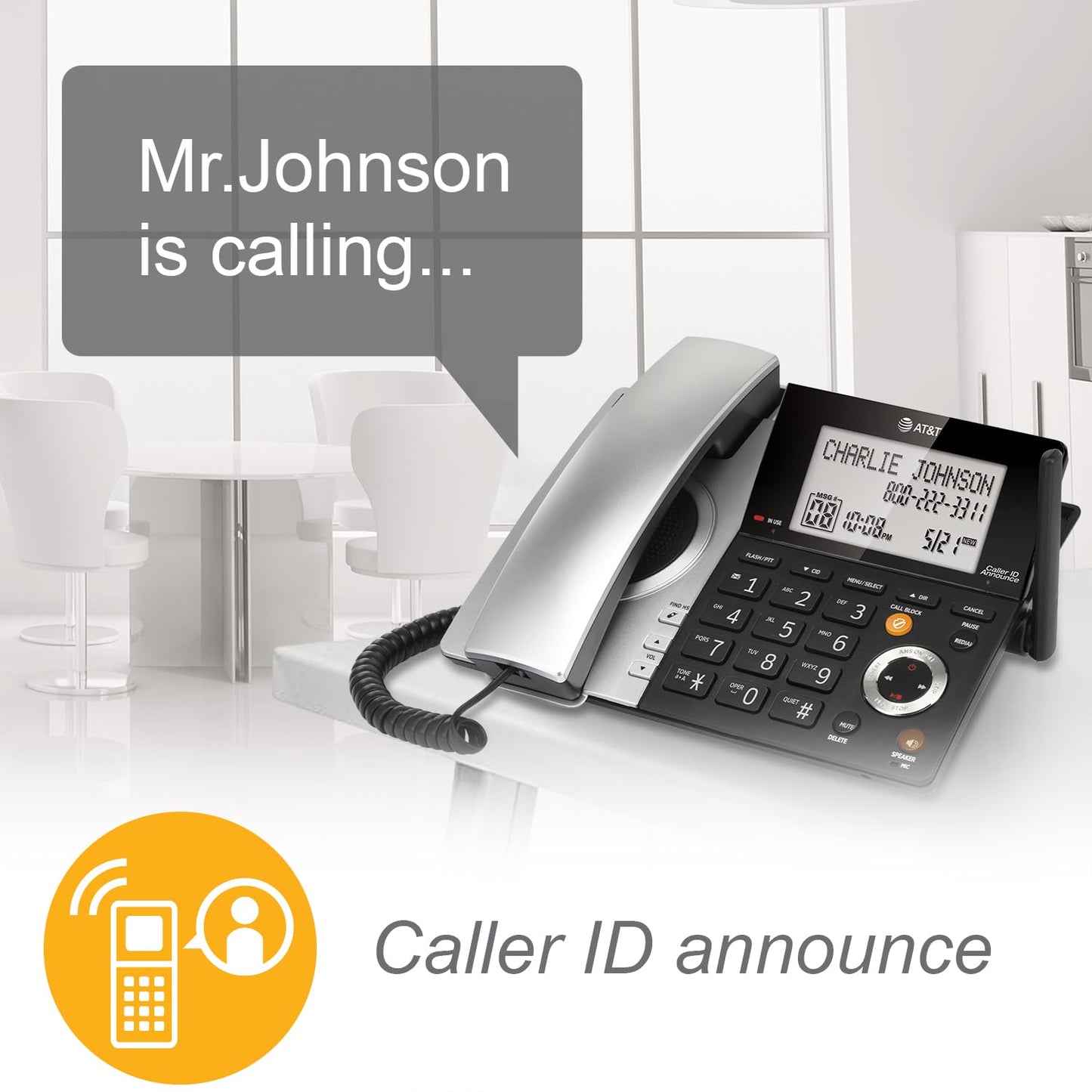 AT&T CL84307 Dect 6.0 Expandable Corded/Cordless Phone with Smart Call Blocker, Silver/Black with 3 Handsets