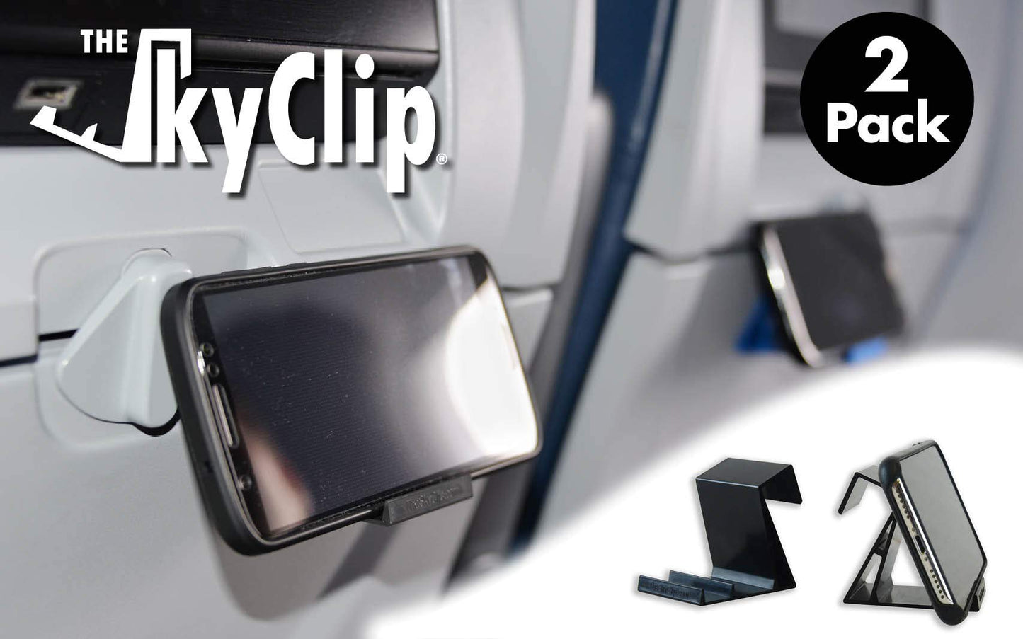 The SkyClip Airplane Cell Phone Back of Seat Inflight Tray Table Clip and Sturdy Phone Stand, Compatible with iPhone, Android, Tablets, and Readers