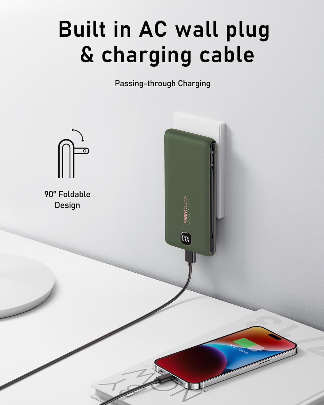 VEEKTOMX 10000mAh Portable Charger with Built-in Cables & Wall Plug