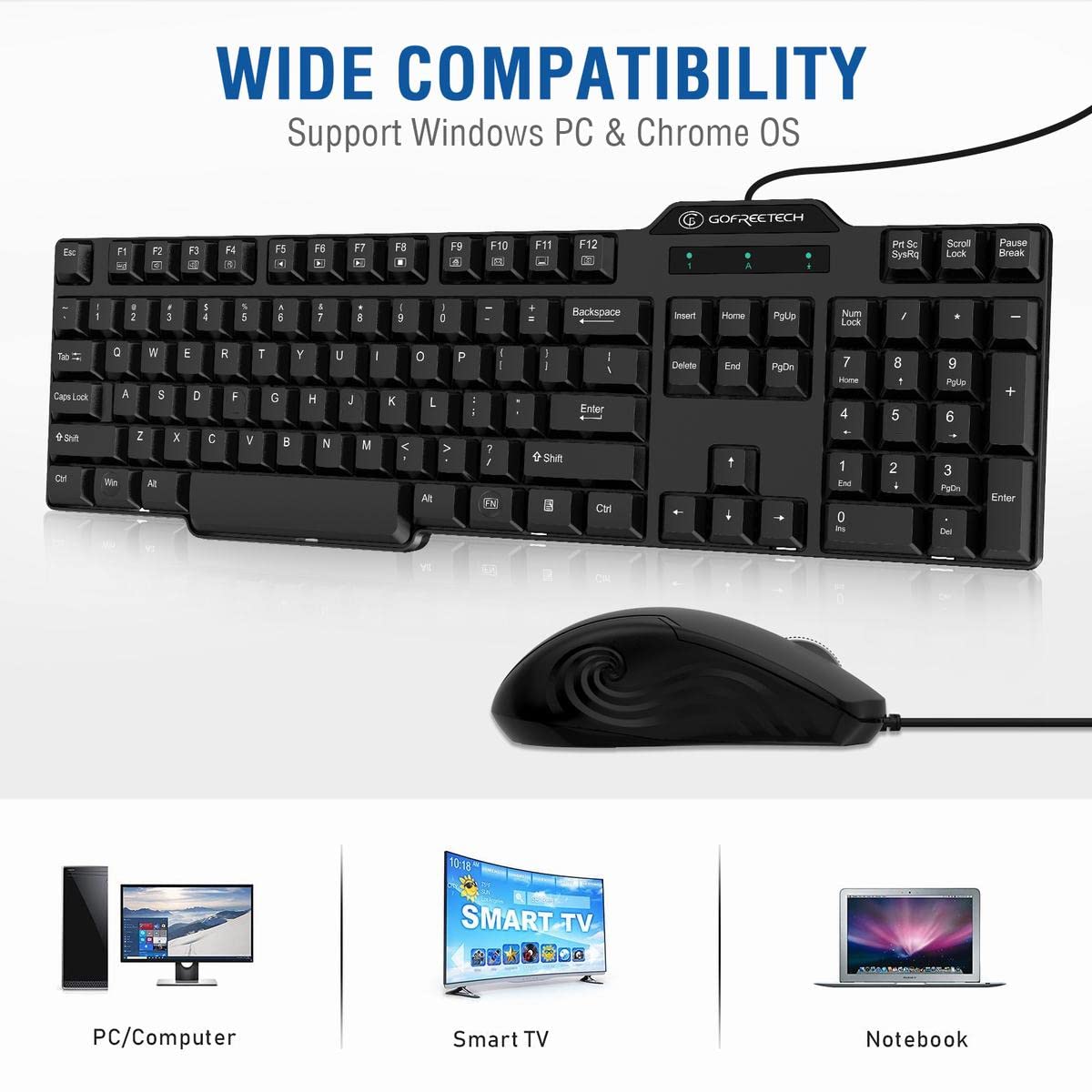 Wired Keyboard and Mouse Combo, Gofreetech Full-Size Keyboard and Mouse Combo with Optical Wired Mouse, USB Plug-and-Play, Compatible with Windows Mac