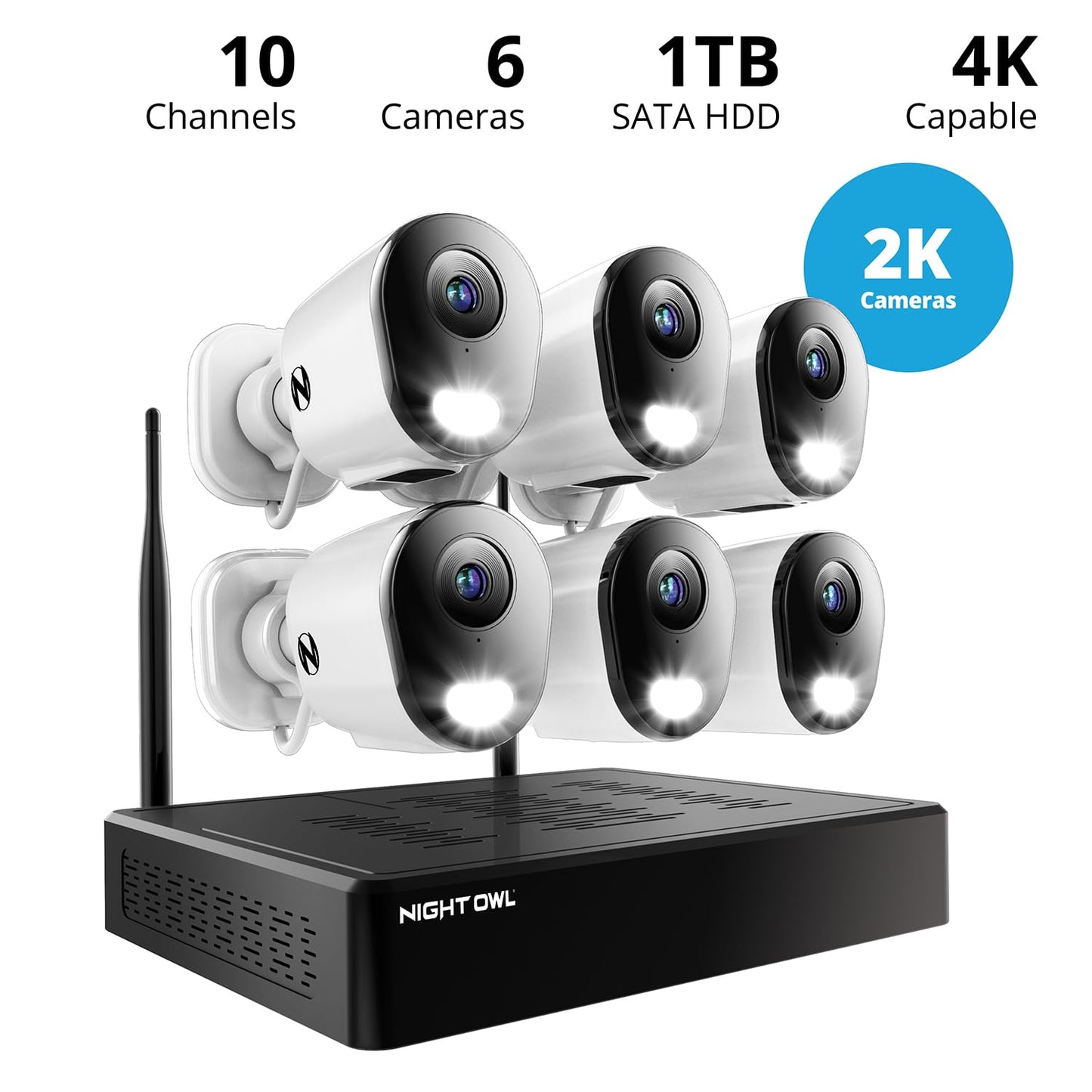 Night Owl 10 Channel Bluetooth Video Home Security Camera System with (6) Plug-in Wi-Fi 2K HD Indoor/Outdoor Spotlight Cameras with 2-Way Audio