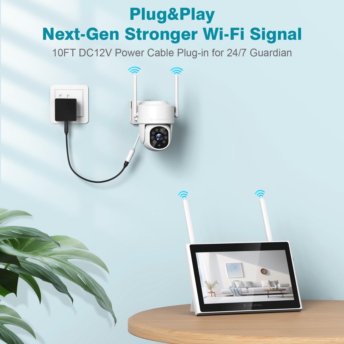 Cromorc Expandable 10CH Wireless Security Camera System with 10.1" Monitor, AI Human Detection, Floodlight,Siren Alarm, 2-Way Audio,4PCS 5MP PTZ