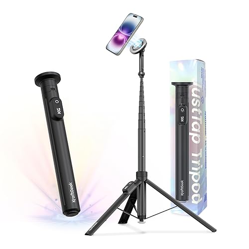 KraftGeek Magnetic Phone Tripod for iPhone MagSafe - 66'' Automatic Selfie Stick with Remote, Portable Tripod Stand for Video Recording, Travel