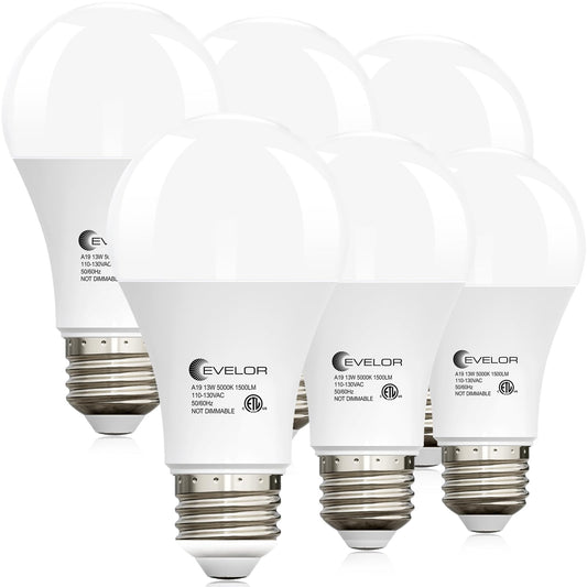 evelor A19 LED Light Bulbs,100 Watt Equivalent Daylight 5000K Efficient 13W,1500 Lumens E26 Base, Non-Dimmable, 15000-Hour Lifespan for Bedroom