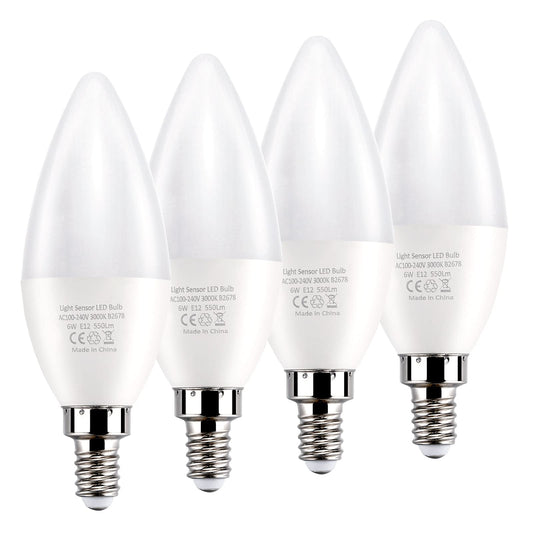 Dusk to Dawn Light Bulbs E12 Light Sensor Bulb 3000K Equivalent 60W E12 LED Candelabra Bulb,Auto On and Off for Home,Outdoor,Yard Light,Warm White (4