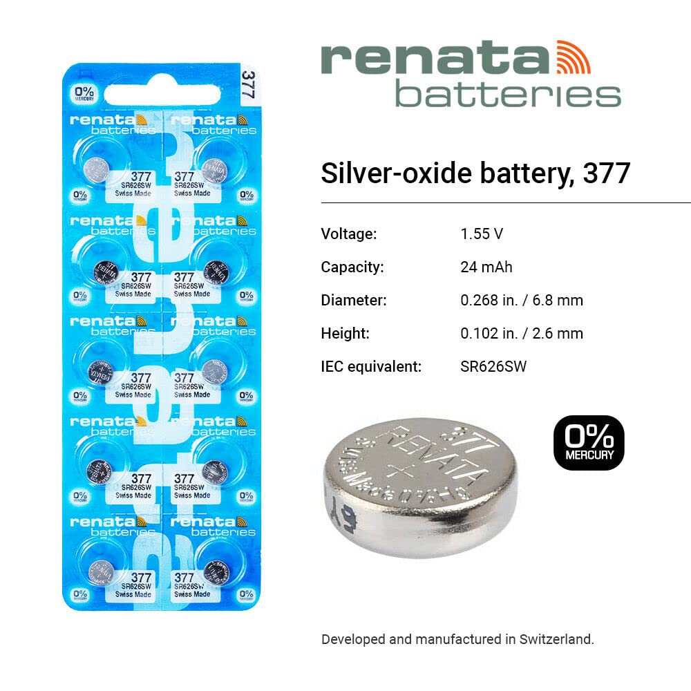 Renata 377 SR626SW Batteries - 1.55V Silver Oxide 377 Watch Battery (10 Count)