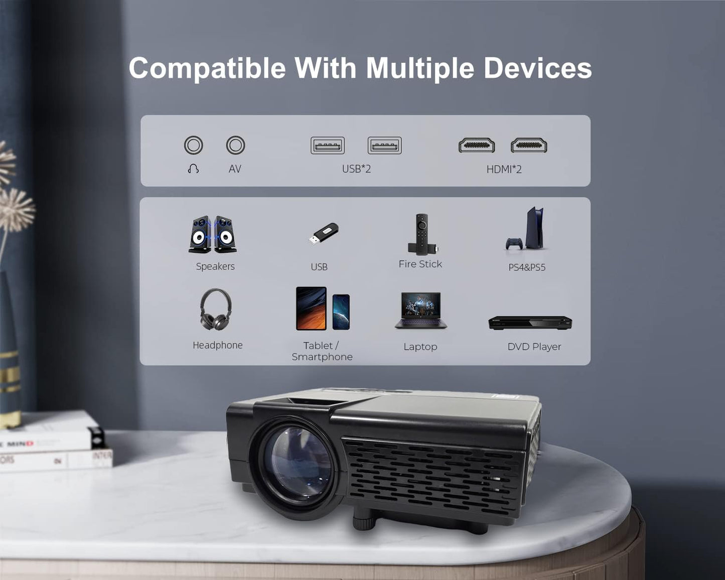 RCA RPJ107 1080P, Streaming Ready, 30"-150" Picture Size, Bluetooth, HDMI, AV, USB, TF Card, Remote, Perfect for Movies, Gaming, Outdoor, Indoor, Home