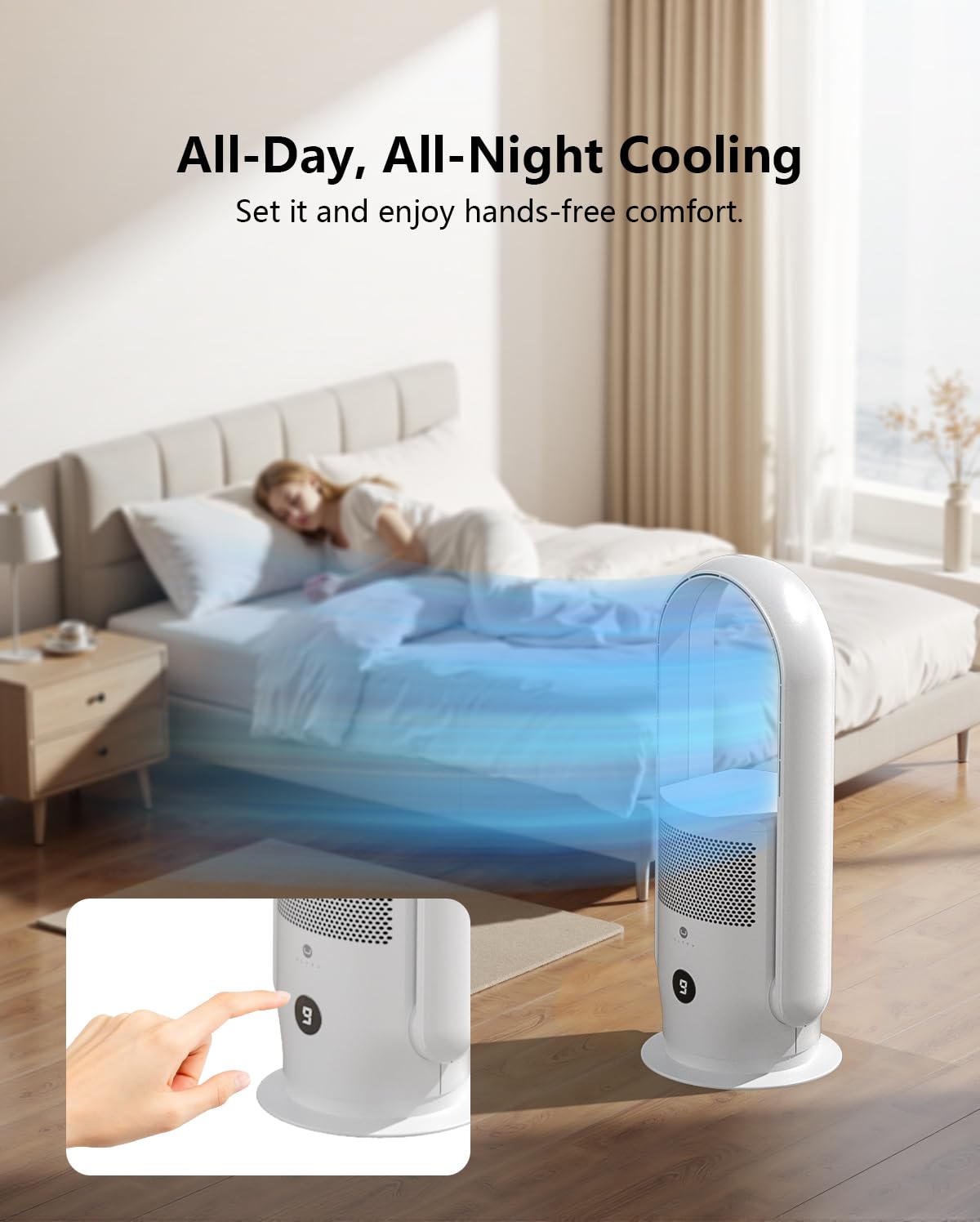 ULTTY Bladeless Tower Fan and Air Purifier Combo, Quiet Oscillating Fan with Remote & Touch Control, 9 Speeds, 8H Timer, HEPA Air Filter, Safe Floor