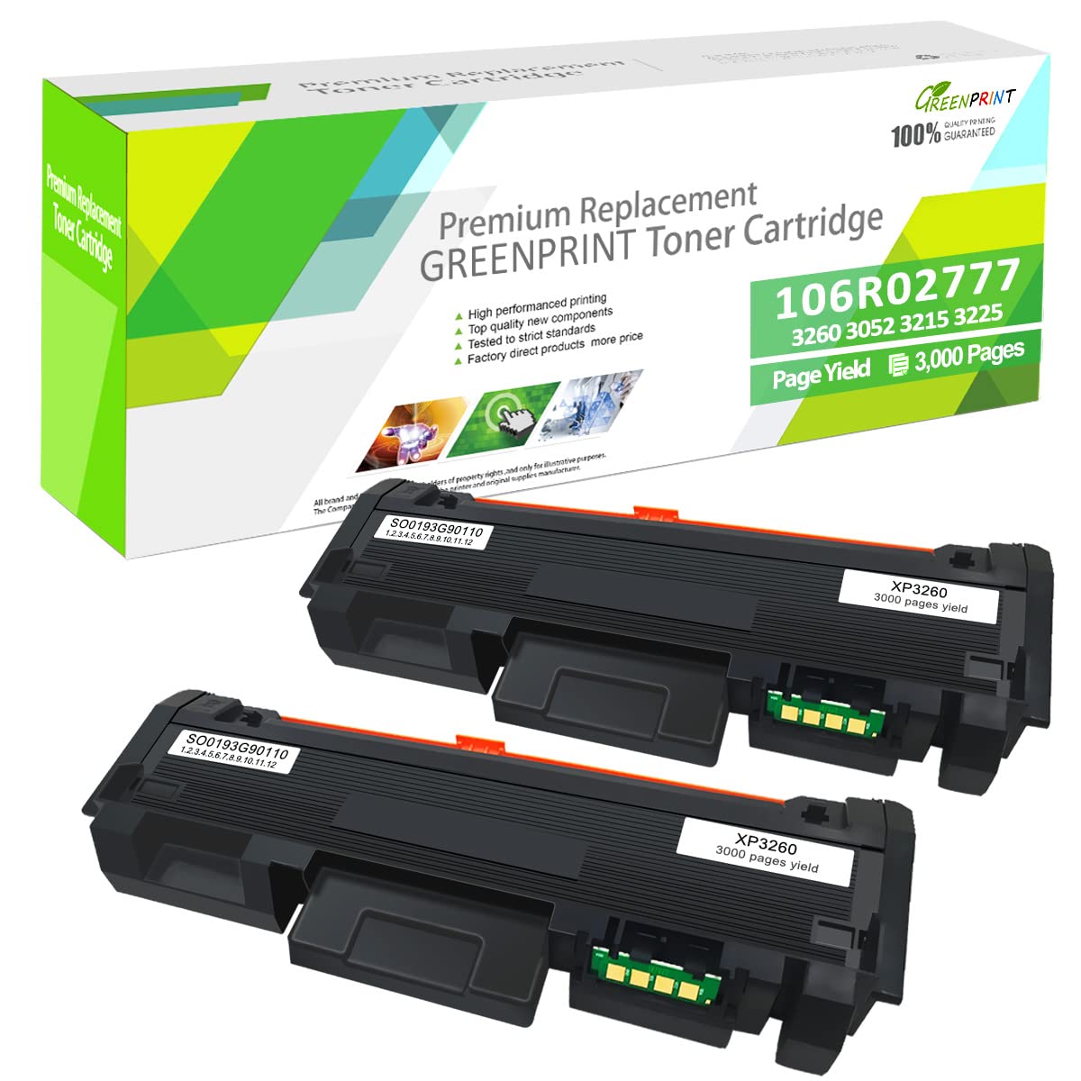 GREENPRINT 2 Black Compatibe Toner Cartridges 3260 3215 3225 3052 High Capacity 3000 Pages 106R02777 for Printers Xerox Phaser 3052 3260 3260DI