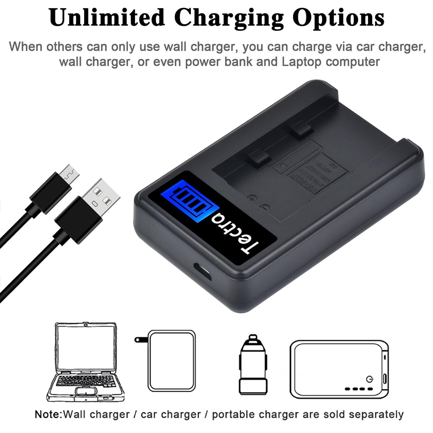 Tectra 2-Pack NP-FH70 Battery and LCD USB Charger for Sony NP-FH30, NP-FH50, NP-FH60, NP-FH90 NP-FH100 and Sony HandyCam DCR-DVD650, DCR-HC20, SX40