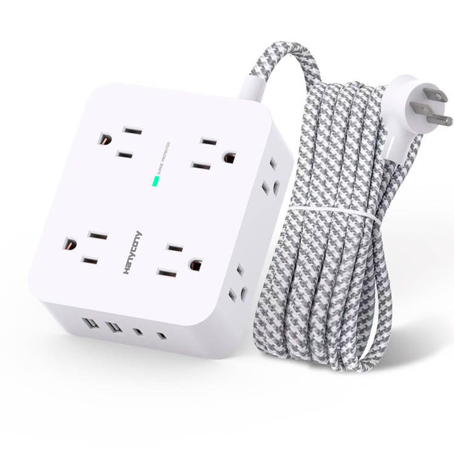 Surge Protector Power Strip - HANYCONY 8 Outlets 4 USB (2 USB C) Charging Ports, Multi Plug Outlet Extender, 5Ft Braided Extension Cord, Flat Plug