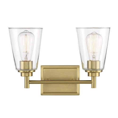 DESIGNERS FOUNTAIN 2-Light Westin Bathroom Vanity Lights Fixture, 15 Inch Wall Mount Sconce for Bedroom or Over Mirror, Brushed Gold, 95702-BG
