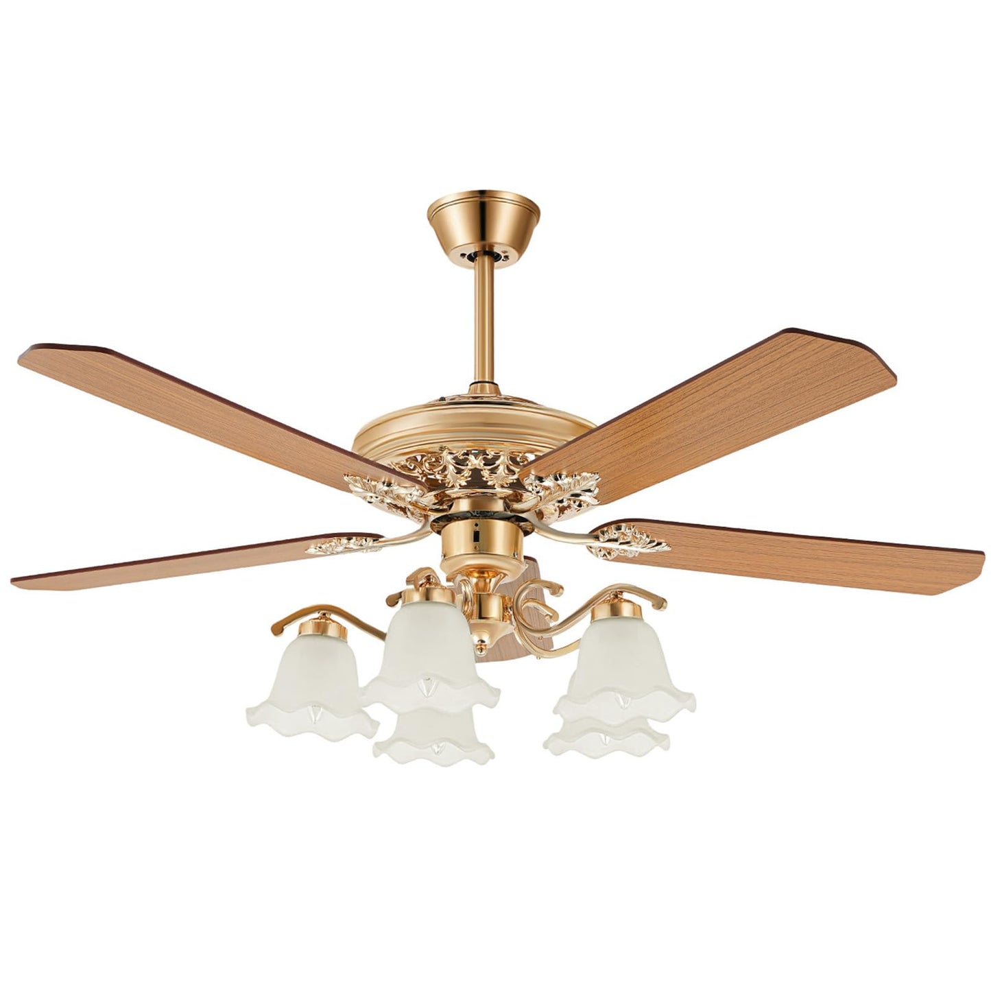 Flhonudi 52inch Golden Ceiling Fan with Light Glass Shade Modern Fan Wooden Blades Chandelier Fan Reversible Slient Motor 3 Speed Adjustable w/Remote