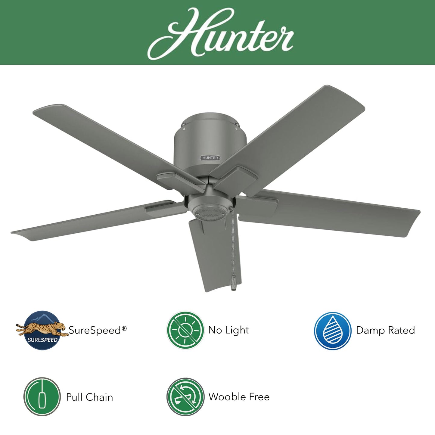 Hunter Fan 44 inch Ceiling Fan with Pull Chain and No Light, Outdoor or Indoor Matte Silver Ceiling Fan for Porch, Living Room, Office, Kitchen