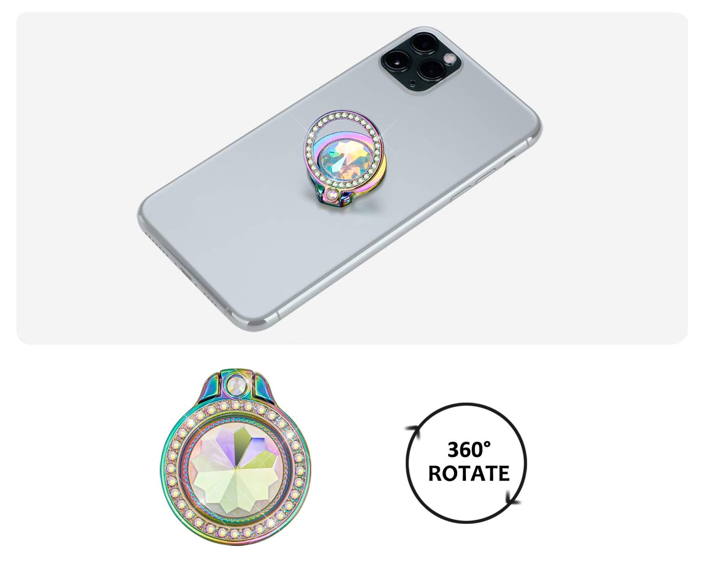 lenoup Iridescent Glitter Bling Bling Phone Ring Holder,Rainbow Sparkle Phone Ring Artificial Diamond Stand,Teal Rhinestone Cell Phone Finger Ring
