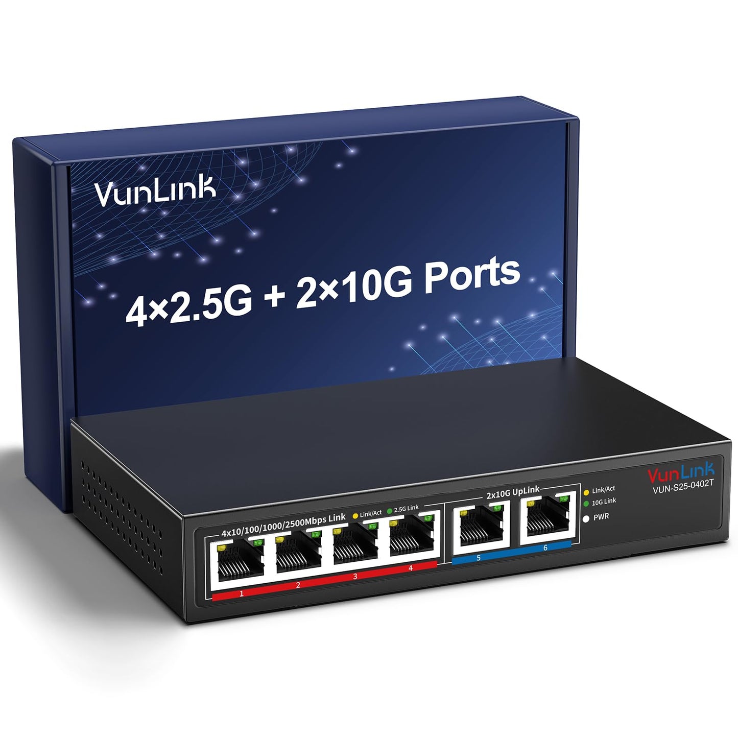 10Gb Ethernet Switch with 4 x 2.5GbE + 2 x 10GbE RJ45 Ports, VunLink 6 Port 10G/2.5G Multi-Gigabit Unmanaged Network Switch, Plug and Play, Fanless