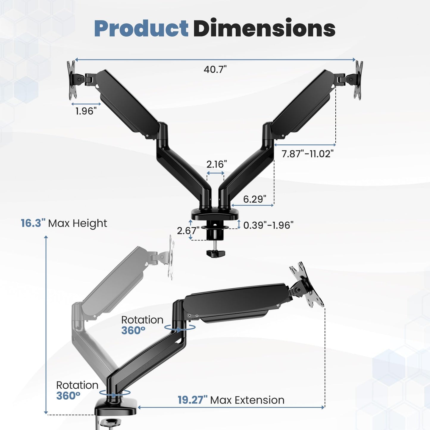 DUMOS Dual Monitor Stand for Desk, Gas Spring Monitor Arm for 2 Monitors Max 32 Inches, Fully Adjustable Double Monitor Mount, VESA Mount