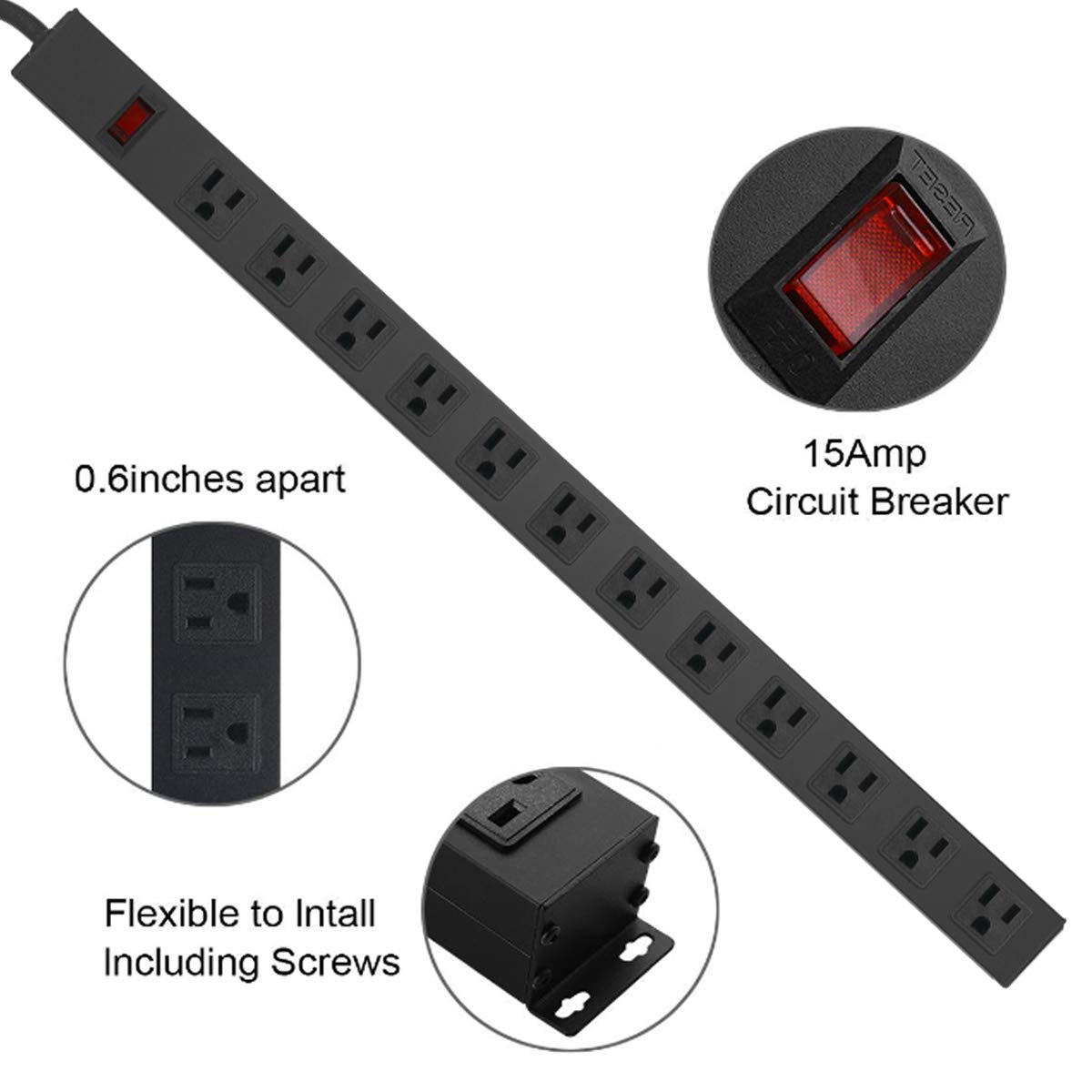Metal Wall Mount Power Strip, Mountable Power Outlet with 12 AC Outlets, Aluminum Alloy Mount Power Socket with Switch, 6 FT SJT 3/C 14AWG Power Cord