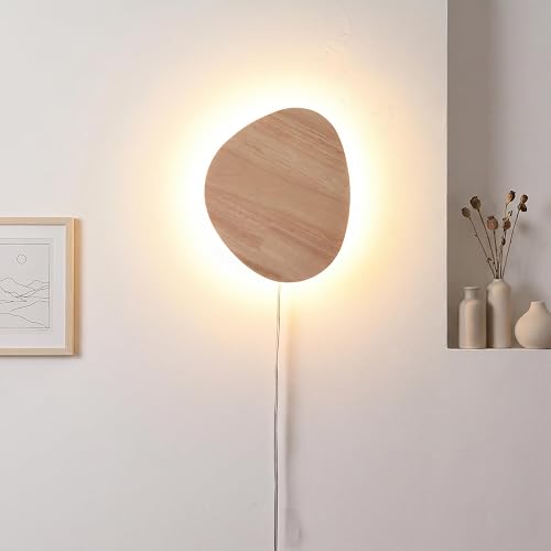 Modern Minimalist Plug in Wall Sconces, 7.9'' Plug-in Or Cordless Wood Backlight LED Wall Lamp, 8W, 700LM Warm White Brightness Wall Light Fixtures
