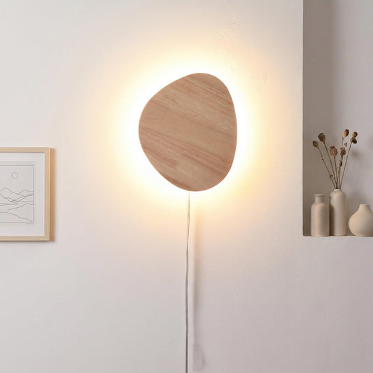 Modern Minimalist Plug in Wall Sconces, 7.9'' Plug-in Or Cordless Wood Backlight LED Wall Lamp, 8W, 700LM Warm White Brightness Wall Light Fixtures