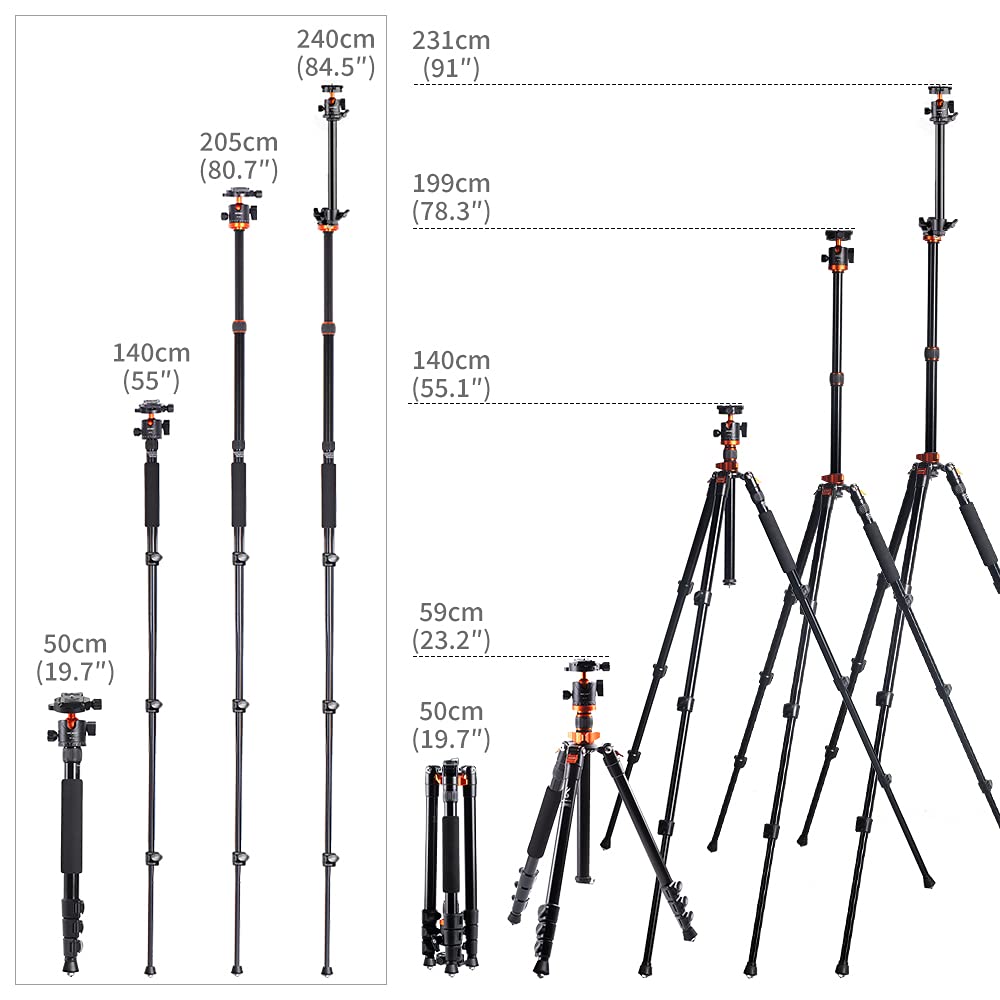 K&F CONCEPT 78 inch DSLR Camera Tripods with Magnesium Alloy Rotatable Multi-Angle Center Column,Load Capacity up to 22lbs/10kg