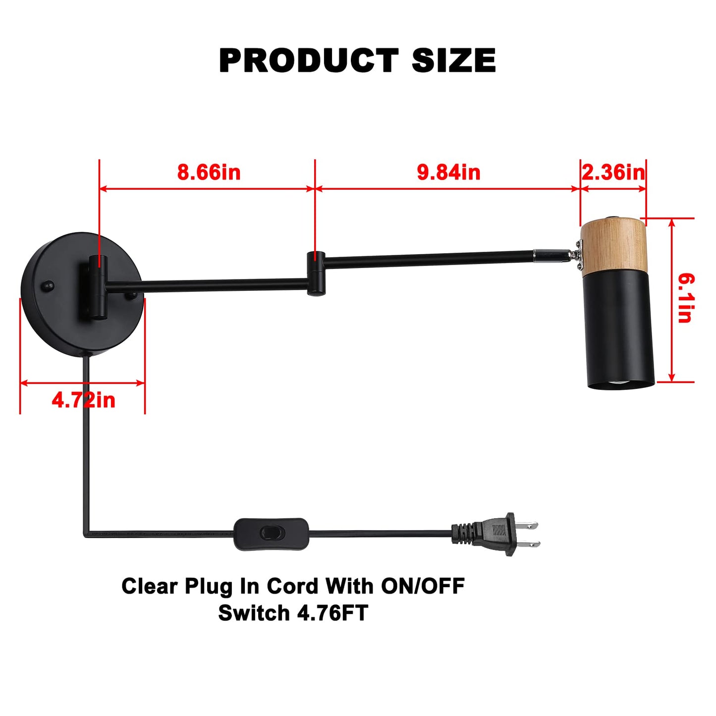 COSYLUX Modern Industrial Swing Arm Wall Lamp with Plug in Cord for Bedroom, Living Room, Office, Rotatable Lampshade Plug in Wall Sconces Light