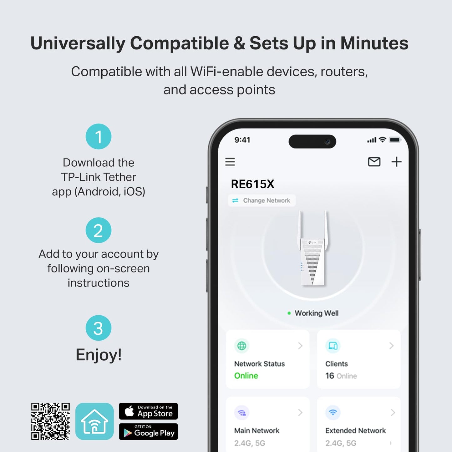 TP-Link RE615X AX1800 WiFi 6 Range Extender w/Ethernet Port | 1.8G Dual-Band Wireless Repeater Amplifier | Up to 2100 Sq. Ft., 64 Devices | Internet