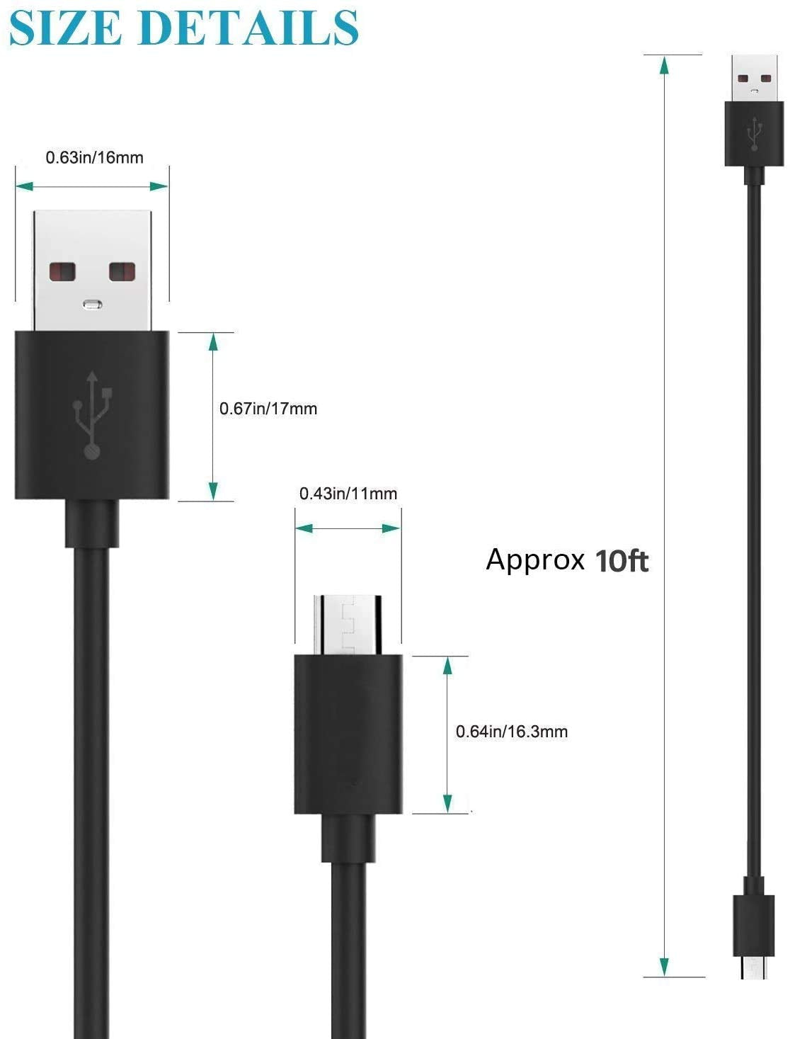 KAHEAUM Long 10FT USB to Micro USB Cable Android Charger Cable,Fast Charge Quick Date Transfer Micro USB Charging Cable Durable USB Cable Cord