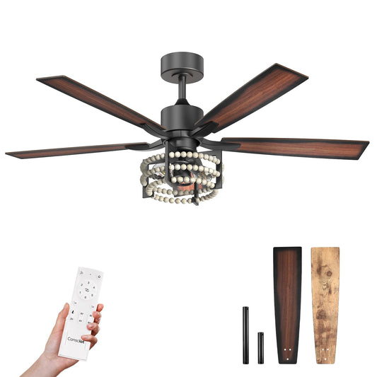 Consciot Ceiling Fan With Lights 52 Inch, Vintage Ceiling Fan With Remote, Boho Wooden Pearls Decor, Quiet Reversible DC Motor, Farmhouse Ceiling Fans