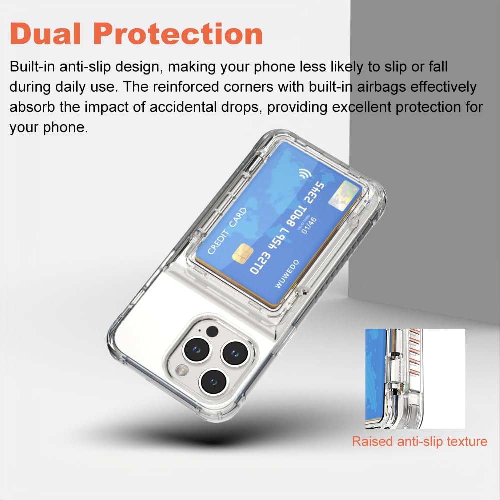 Wuwedo for iPhone 15 Pro Max Clear Wallet Case, Up to 4 Cards, Hybrid Protective Anti-Slip Case with Card Holder, TPU + PC, Anti-Yellowing, 6.7" 2023