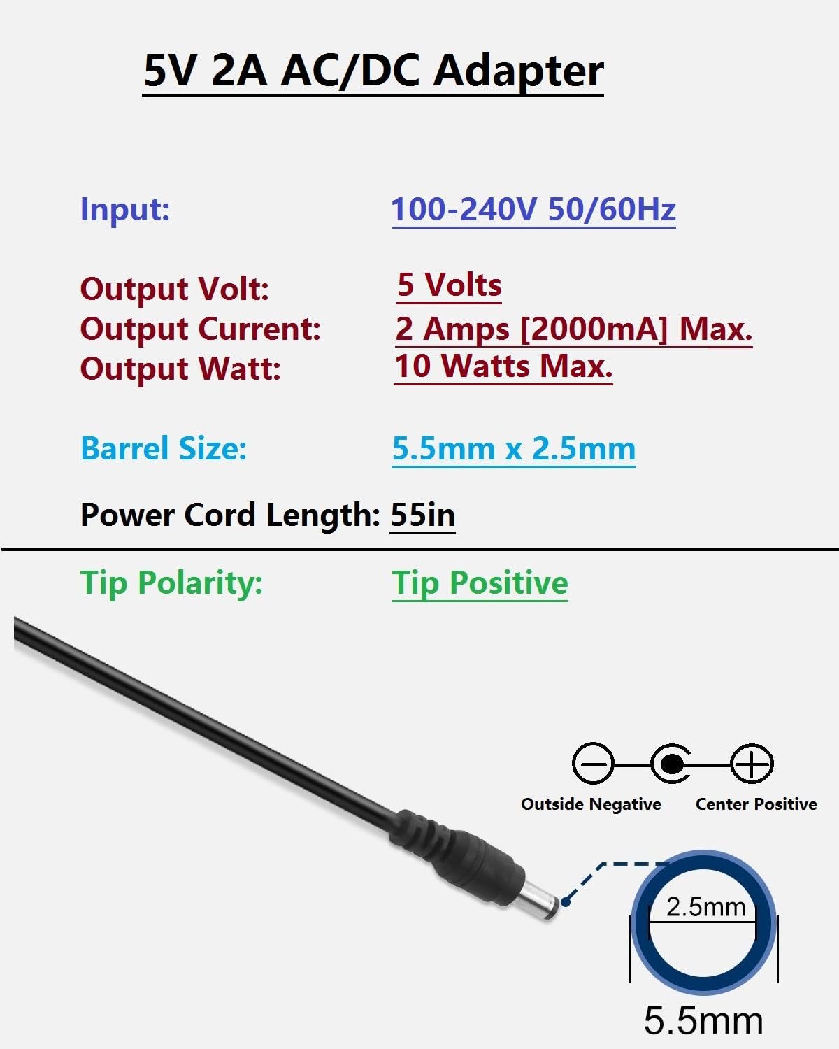 5V 2A 10W DC Power Supply Adapter, AC 100-240V 50-60Hz to 5 Volt 2 Amp Transformer, DC 5V Power Cord with 【5.5mm x 2.5mm Barrel Plug】