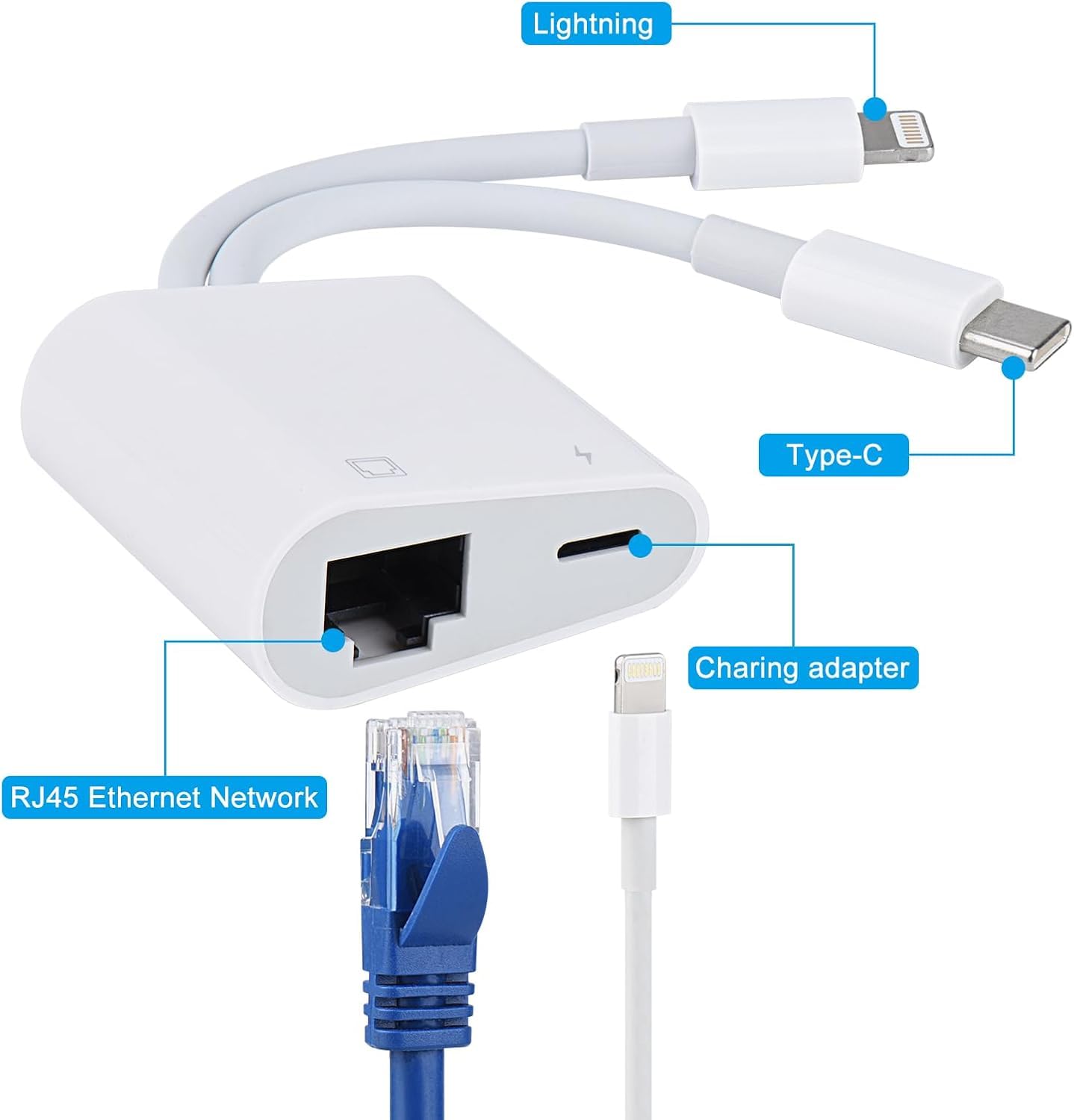 Lightning and USB C to Ethernet Adapter,2 in 1 RJ45 Ethernet LAN Network Adapter with Charge Port Compatible with iPhone/iPad/iPod/Samsung