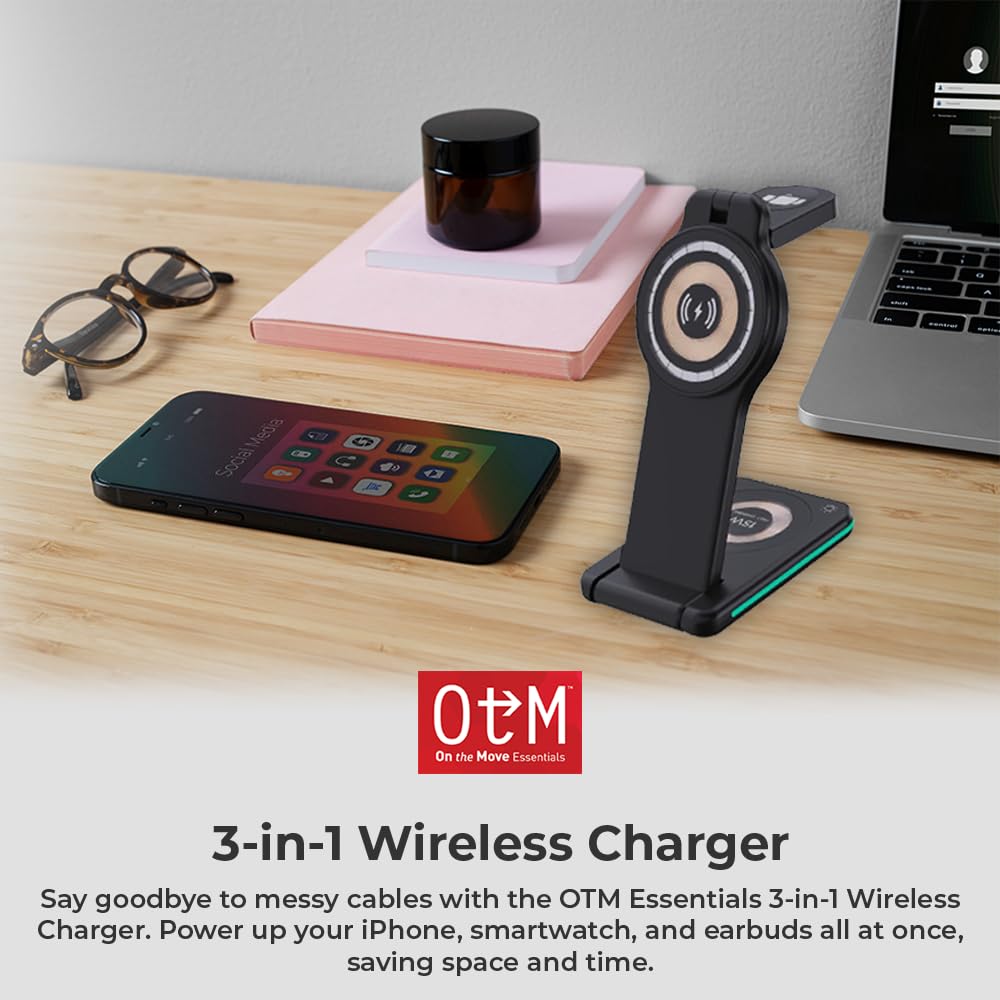 OTM Essentials 3-in-1 Wireless Charger, Fast Charging Station for iPhone, Smartwatch, and Wireless Earbuds, Portable Power Bank, Sleek, Space-Saving