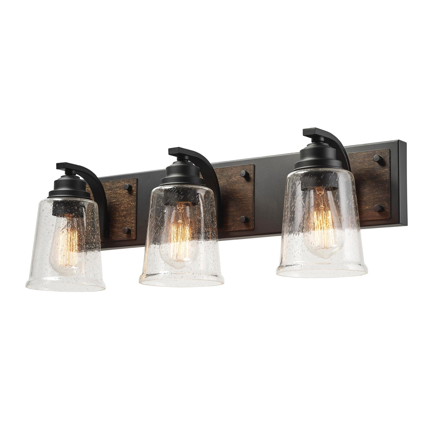 Globe Electric 51852 3-Light Vanity Light, Bathroom Wall Fixture, Matte Black and Dark Faux Wood Finish, Clear Seeded Glass Shades, E26 Base, Dimmable