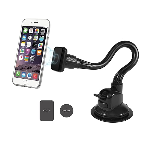 Macally Windshield Phone Mount for Car Magnetic - Suction Cup Window Mount Phone Holder with 8" Long Gooseneck Arm & Super Strong Magnet Mount