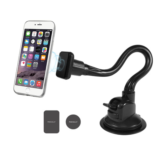 Macally Windshield Phone Mount for Car Magnetic - Suction Cup Window Mount Phone Holder with 8" Long Gooseneck Arm & Super Strong Magnet Mount