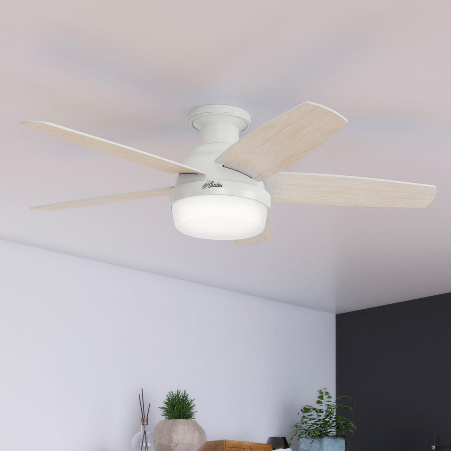 Hunter Fan 48 inch Low Profile Fresh White Indoor Ceiling Fan with Light Kit and with Remote Control (Renewed)