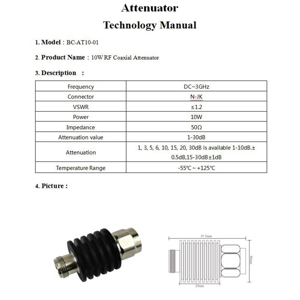 BECEN 10W N Male to Female Connector Attenuator,50 Ohm (30db)