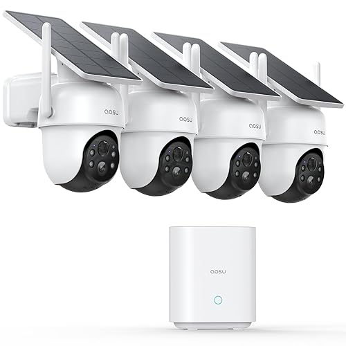 aosu Security Cameras Outdoor Wireless, 4 Cam-Kit, No Subscription Required, Solar-Powered, Home Security Cameras System with 360° Pan & Tilt, Auto