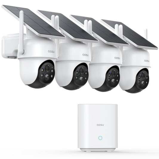 aosu Security Cameras Outdoor Wireless, 4 Cam-Kit, No Subscription Required, Solar-Powered, Home Security Cameras System with 360° Pan & Tilt, Auto
