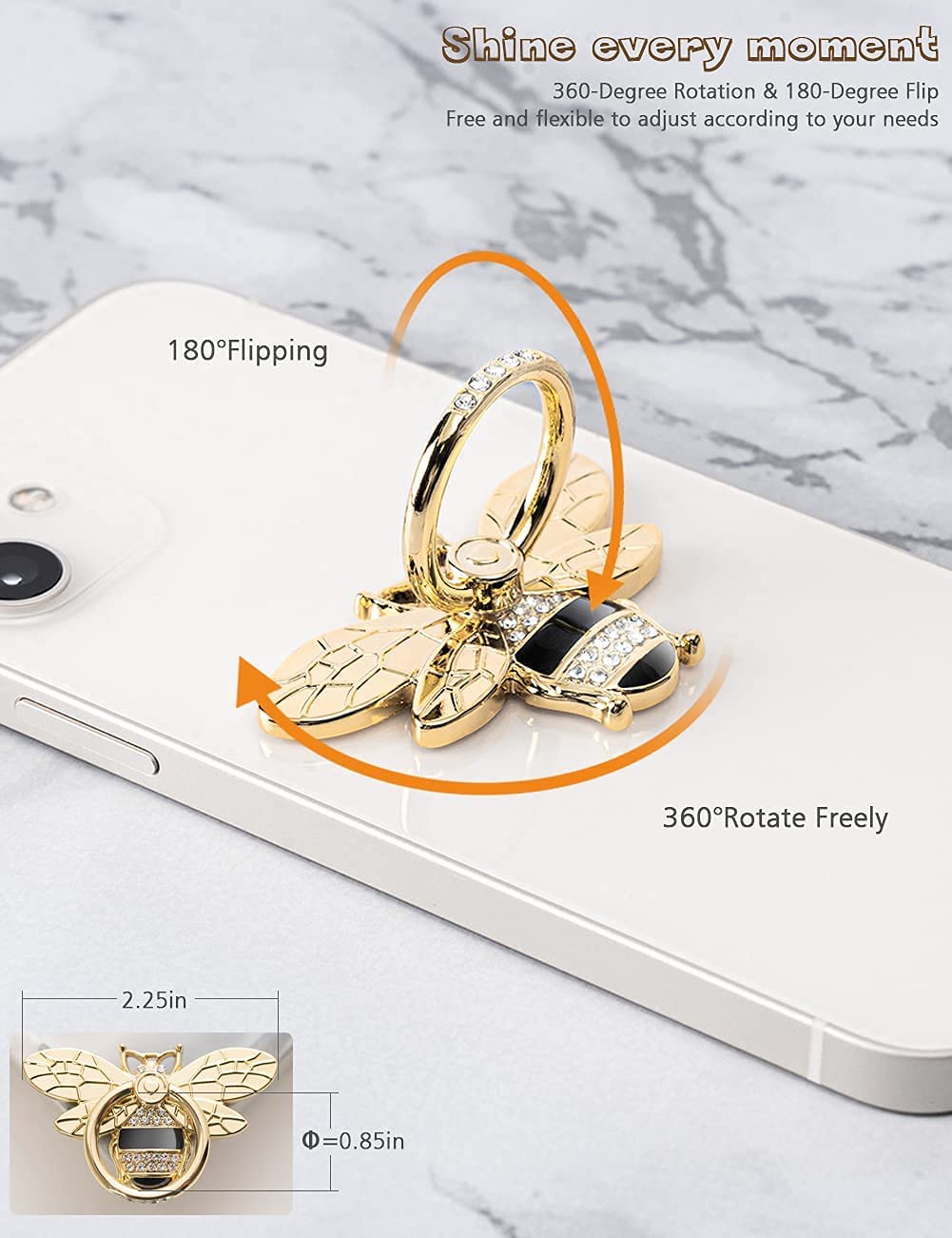 Allengel Bee Phone Ring Holder Finger Kickstand with Crystal, Cute Phone Ring Grip Holder for iPhone or Smartphone Cases, Gold Black