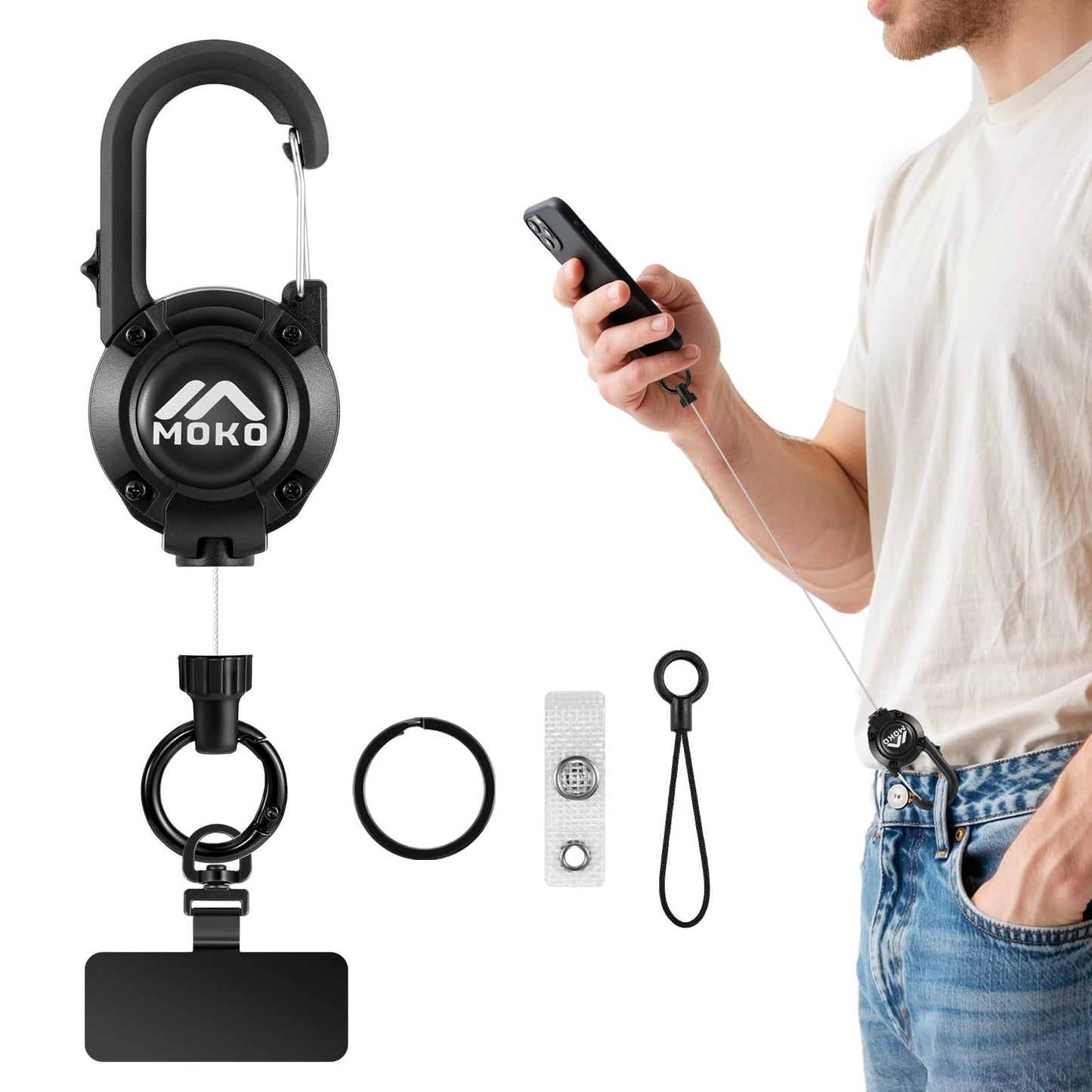 MoKo Anti-theft Phone Tether Lanyard, Retractable & Lockable Steel Line Anti-Drop Phone Strap with 360° Tether Tab, Badge Reel, Keychain for Outdoor