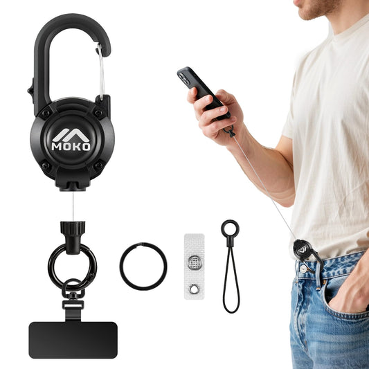 MoKo Anti-theft Phone Tether Lanyard, Retractable & Lockable Steel Line Anti-Drop Phone Strap with 360° Tether Tab, Badge Reel, Keychain for Outdoor