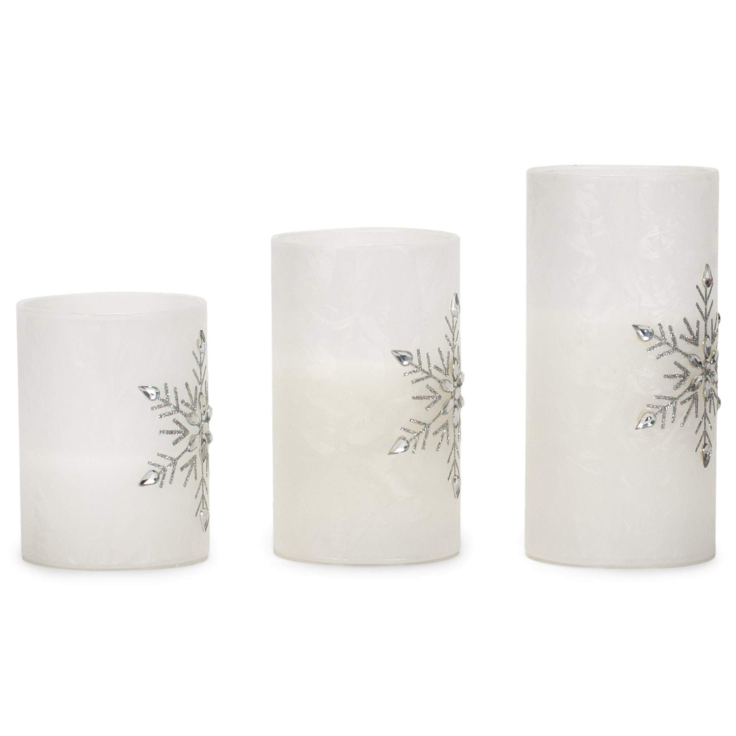 Mark Feldstein & Associates Jeweled Snowflake Iced Glass Flameless Pillar Candles Assorted Set of 3