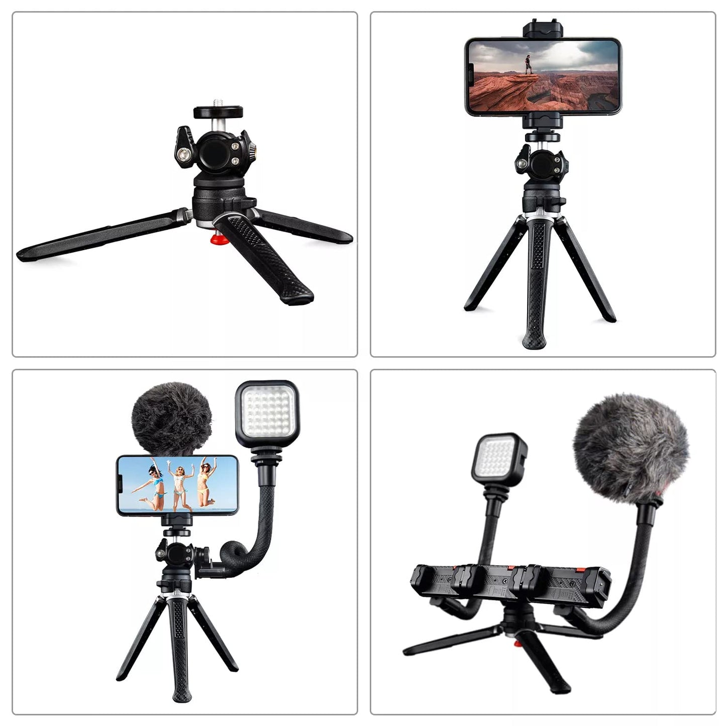 Portable & Sturdy Adjustable Phone Tripod,Cell Phone Mount Easy to Adjust 360° Ball Head, Mini Tripod with Cold Shoe Mount, 1/4'' Screw for Magic